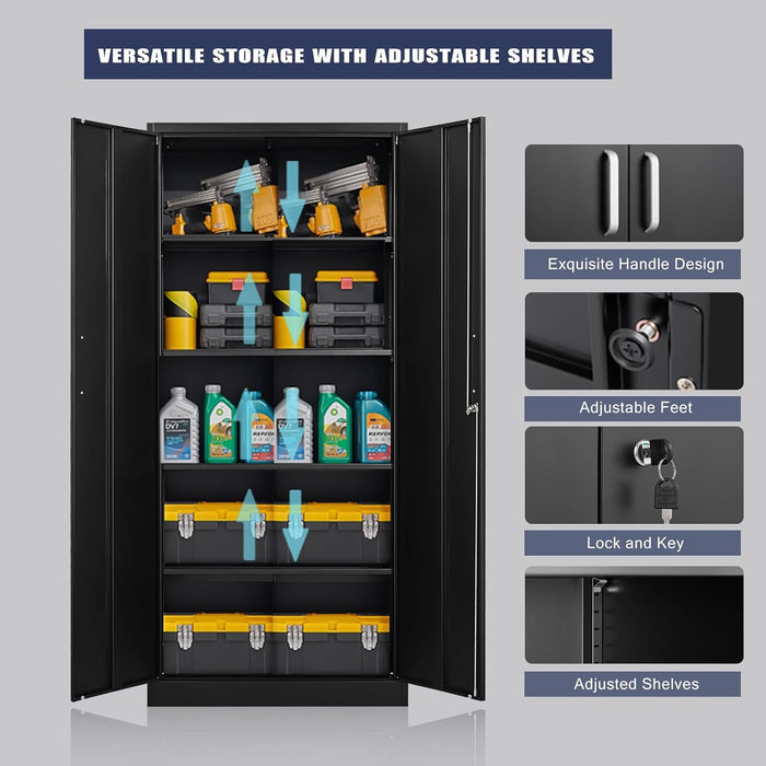 Metal Storage Cabinet with Adjustable Shelves, Garage Storage Cabinet with Doors and Shelves, File Cabinets for Home Office, Kitchen Pantry Cabinet, 71'H, Black