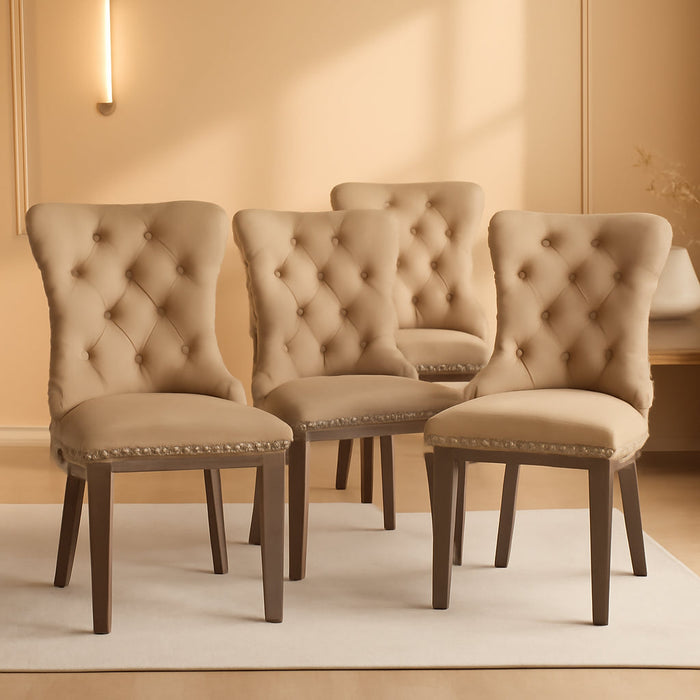 Velvet Dining Chairs Set of 4,Upholstered Dining Chairs with Ring Pull Trim and Button Back,Modern Seating for Kitchen, Bedroom & Living Room(Khaki)