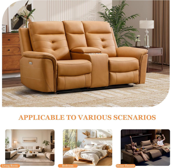 Power Loveseat Recliner Sofa for Adults, Breathable Faux Leather Double Reclining Loveseat Sofa with Console, Cup Holders and Hidden Storage, Electric Daul Recliner for Living Room, Brown