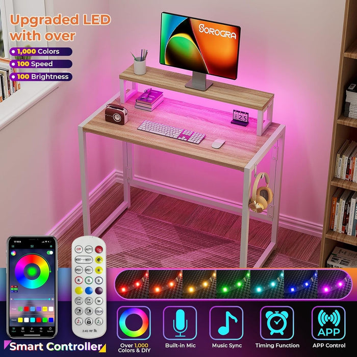 Small Folding Desk 31.5 Inch, Foldable Computer Desks with LED Lights and Monitor Stand, Work Portable Table for Bedroom Home Office, Oak