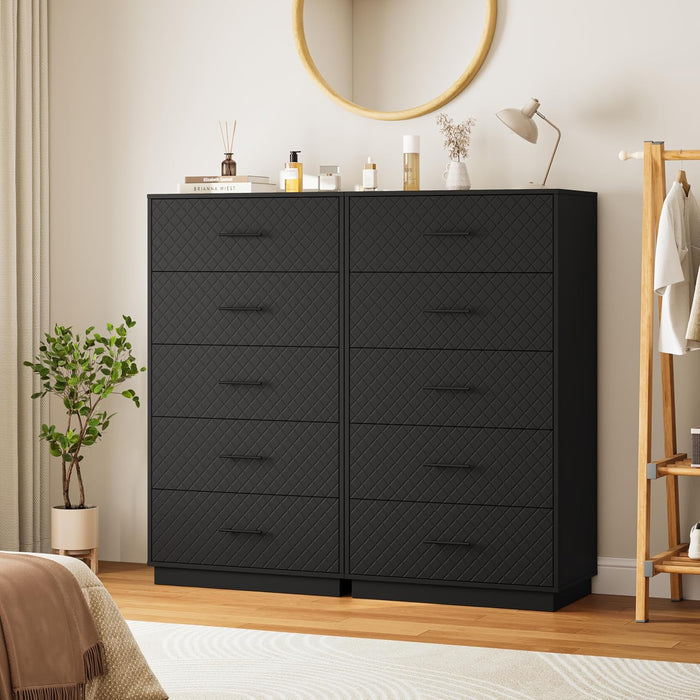 Tall Dresser with 5 Drawers, Modern Wooden Chest of Drawers with Diamond Panel, Anti-Tipping Device, Sturdy and Stable Storage Organizer for Bedroom, Hallway, Living Room
