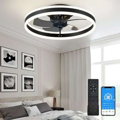 20" Smart Ceiling Fan with Lights Remote APP Control, Modern Flush Mount Bladeless Ceiling Fans, 3 Color 6 Speed Low Profile Ceiling Fan with Light for Bedroom Living Room Kitchen - Black