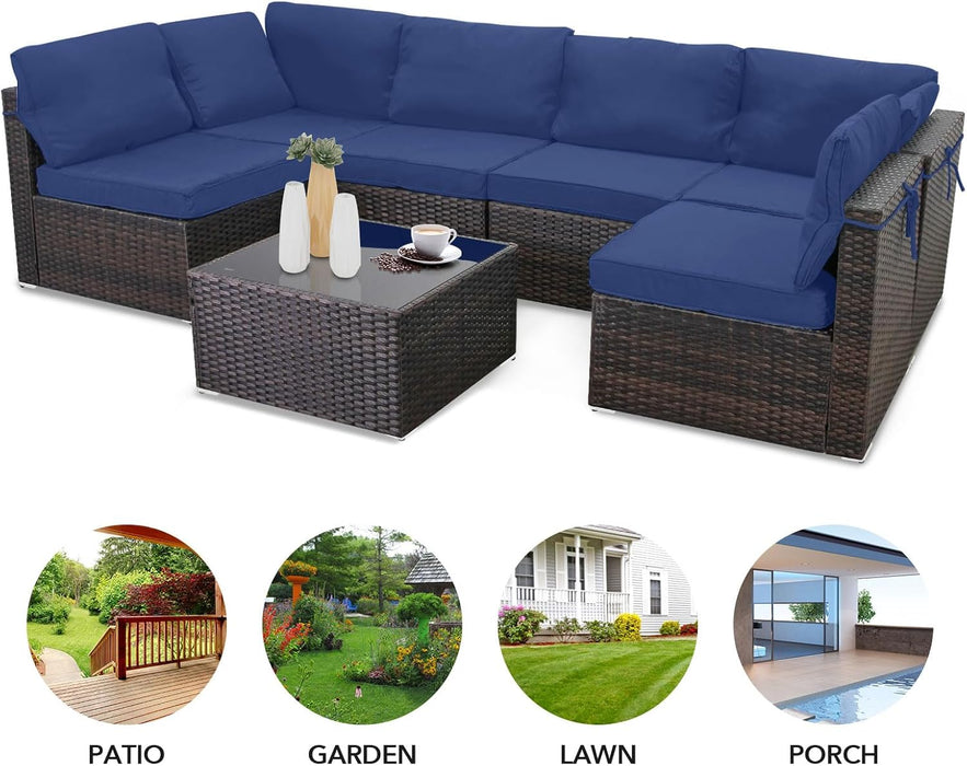 7 Pieces Outdoor Patio Furniture Sets,Rattan Conversation Sectional Set,Manual Weaving Wicker Patio Sofa with Tea Table