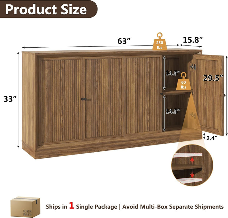 63” Fluted Sideboard Storage Cabinet, Mid Century Modern Wooden Credenza with 4 Doors & Adjustable Shelves, Beveled Edge Buffet Cabinet with Storage, Kitchen, Living Room (Walnut)