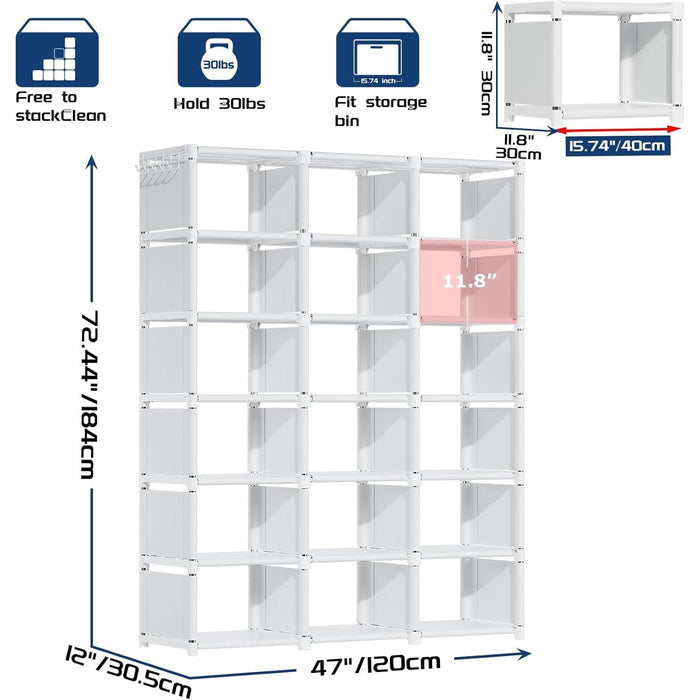 Book Shelf, 18 Cube Storage Organizer, DIY Bookcase, Metal Cube Bookshelf, Tall Book Case for Bedroom, Living Room, Office, Closet Storage Organizer, Black Cubicle Storage Rack-White