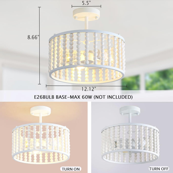 Wood Bead Semi Flush Mount Ceiling Light Boho 3 Light Mini Chandelier Nursery White Ceiling Light Fixture for Bedroom Living Room Dining Room Kitchen Entryway Girl Room Hallway