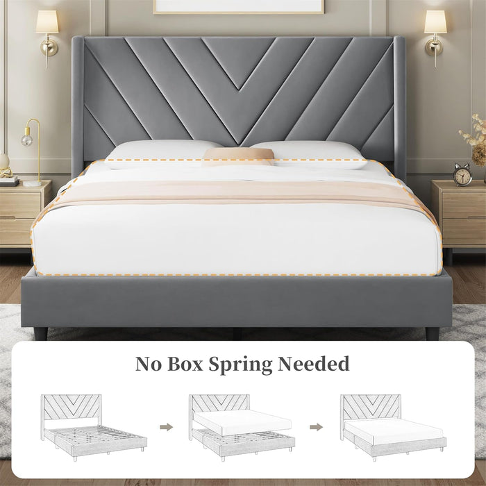 Queen Bed Frame with Chevron Channel-Tufted Headboard, Light Grey