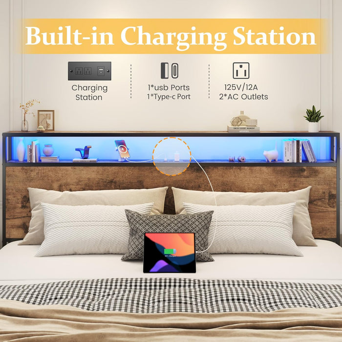 Queen Bed Frame with 2-Tier Storage Headboard, Metal Platform Bed Frame with 4 Storage Drawers, Built in Charging Station & LED, Noise-Free/Metal Support/No Box Spring Needed, Rustic Brown
