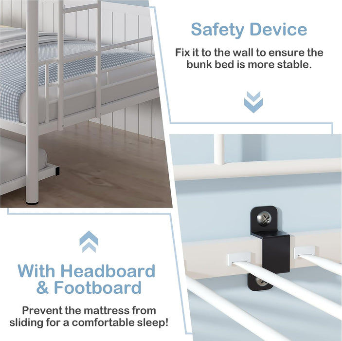 Bunk Bed Twin over Twin with Trundle, Metal Bunkbeds with Ladder and Full-Length Guardrail, No Box Spring Needed, Space Saving, Noise Free, White