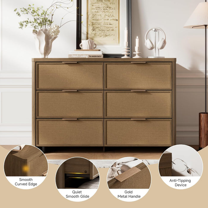 Rattan 6 Drawer Dresser for Bedroom, 47.2" Wide Curved Dressers & Chests of Drawers with 6 Deep Drawers, Large Boho Wooden Dresser W/Gold Metal Handles for Bedroom Living Room, Walnut