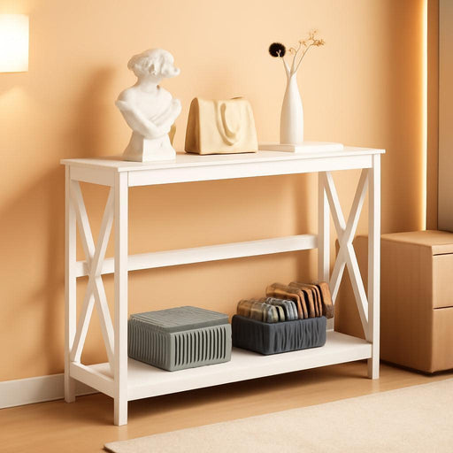 Wood Entryway Table, Console Table for Entryway, 2-Tier Sofa Table Accent Table W/Storage Shelf for Living Room, Hall, Foyer, White