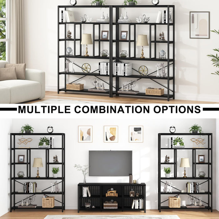 6 Tier Industrial Bookshelf for Bedroom Living Room Office, Black Oak