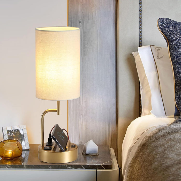 Table Lamp with 3 USB Charging Ports, Modern Desk Lamp with AC Outlet and Phone Stands, Perfect Bedside Lamp for Bedroom, Living Room, Office (Pack of 2), Gold