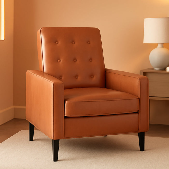 Erza Leathersoft Button Tufted Pushback Recliner, Mid-Century Modern Recliner Chair for Residential and Commercial Use, Cognac Brown