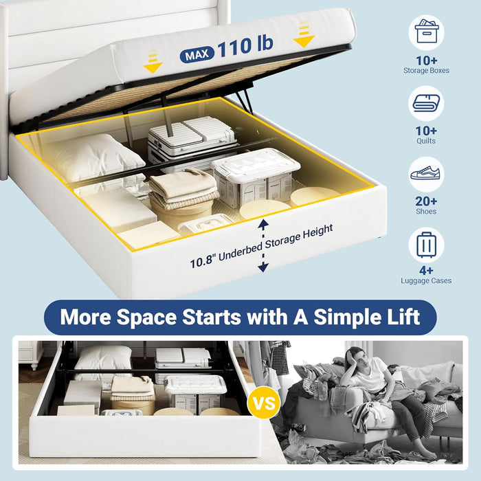 Full Size Velvet Lift up Storage Bed, Modern Wingback Headboard, Hydraulic Support, No Box Spring Needed, White