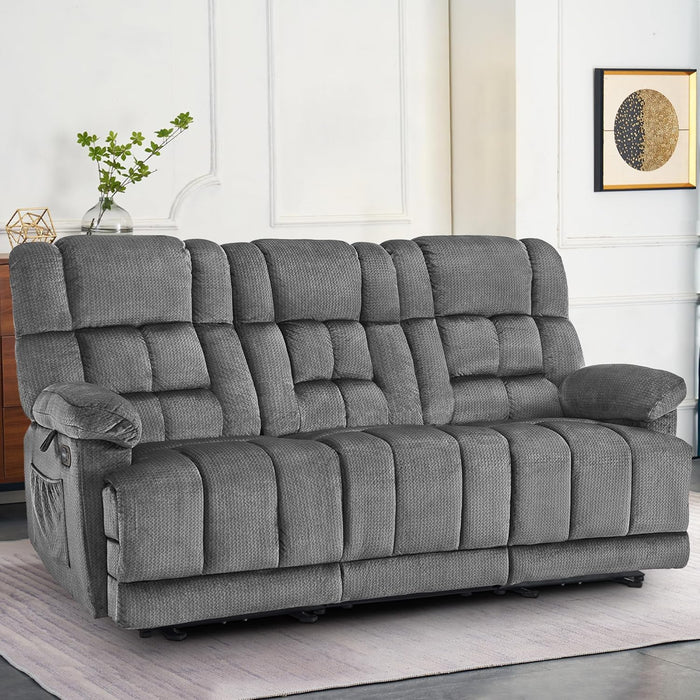 Zero Gravity Power Recliner Sofa with Drop down Table, Heat and Vibration Massage, 3 Seater Dual Reclining Couch with USB Ports, Cup Holders for Living Room, Fabric RS6236 (Grey)