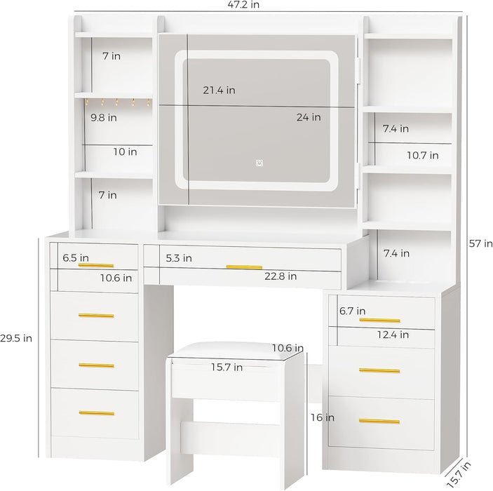 White Vanity Desk With Integrated Mirror Illumination