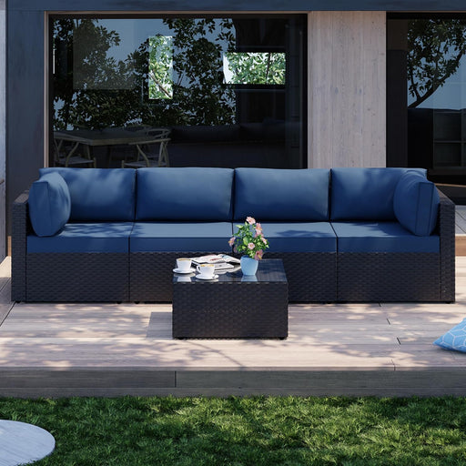 5 Pieces Outdoor Patio Sectional Sofa Couch, Black PE Wicker Furniture Sets, Patio Conversation Sets with Washable Cushions Glass Coffee Table for Garden, Poolside, Backyard, Aegean Blue