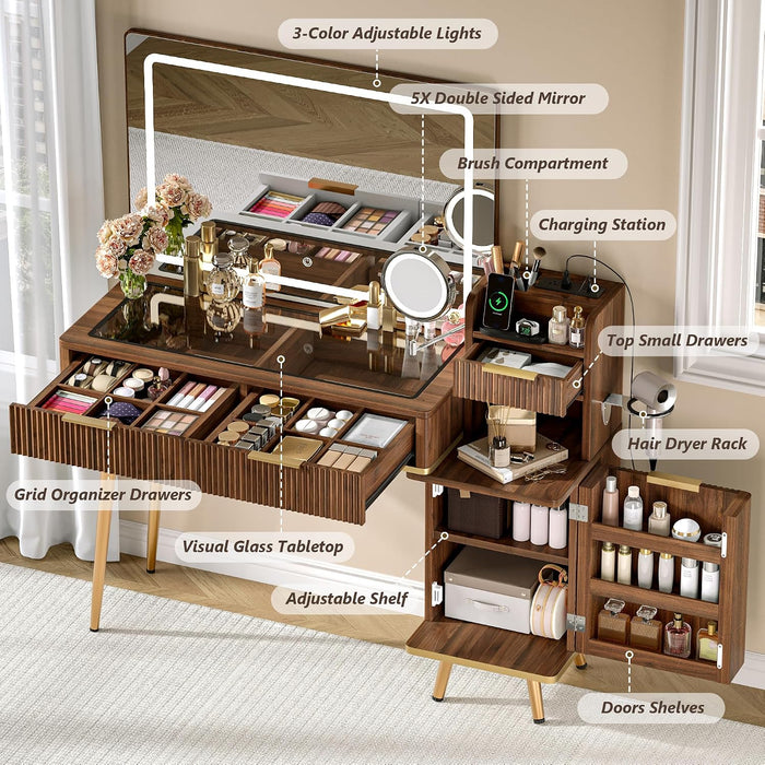 47" Vanity Desk with 5X Magnifying Mirror & 3-Color LED Light, Fluted Glass Top Makeup Table, USB Charging & Hair Dryer Holder, Dressing Table with Adjustable Shelves for Bedroom, Dark Walnut