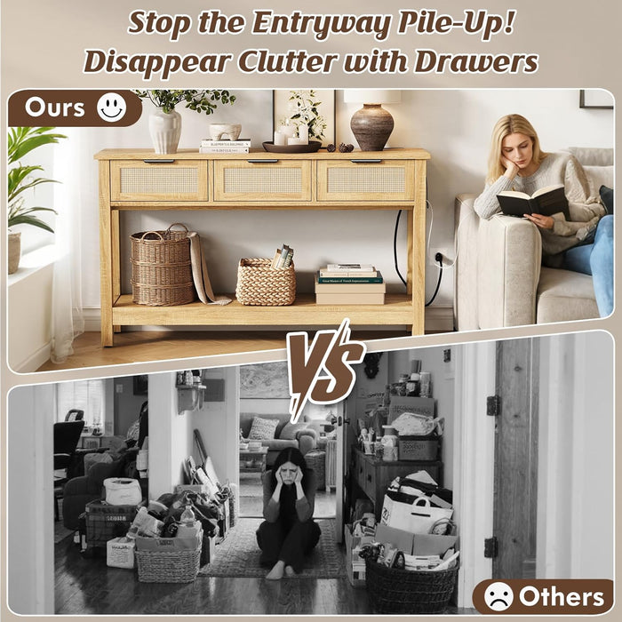 Rattan Entryway Table with 4-Port Charging Station (2 AC Outlets + USB/USB-C), 3 Drawers Storage & Open Shelf, behind Couch Console Sofa Table for Hallway, Foyer - Natural Weave & Oak, 47 Inch