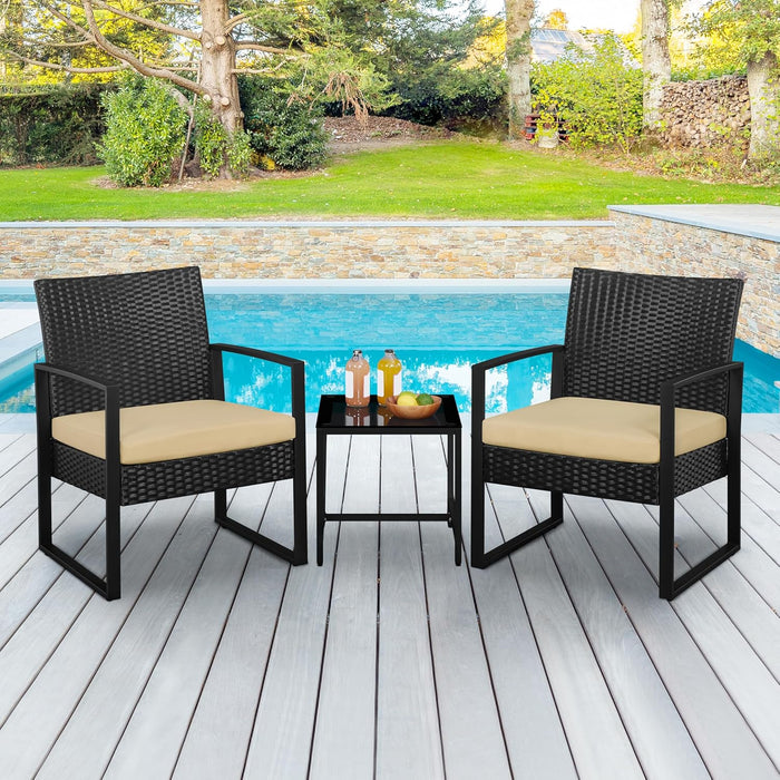 3 Pieces Rattan Bistro Set, Indoor/Outdoor Wicker Patio Modern Conversation Furniture, 2 Chairs & Tempered Glass Coffee Table for Garden, Balcony, Backyard, Poolside, Black/Khaki