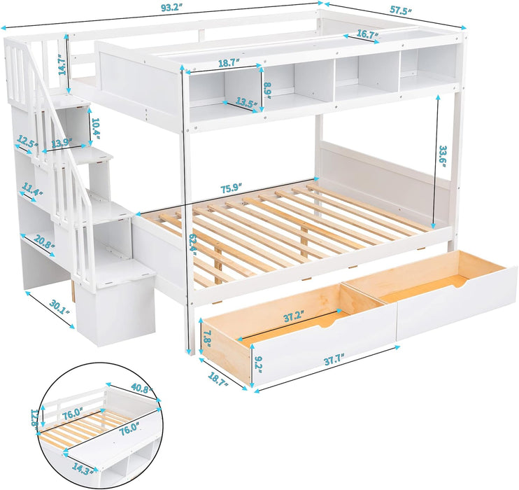 Twin over Full Bunk Bed with Storage Shelves, Stairs, Solid Wood Staiway Bunk Bed Frame with 2 Drawers, for Kids Teens Adults (White)