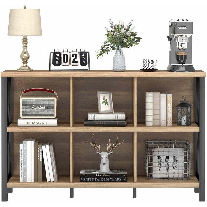 6 Cube Storage Organizer with Shelf, Long Wood and Metal Cubby Bookcase, Industrial Horizontal Bookshelf (Rustic Oak, 47 Inch)