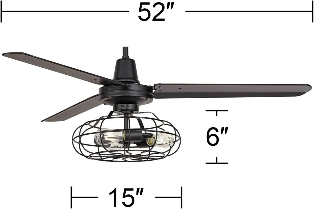 52" Plaza Rustic Industrial Vintage 3 Blade Ceiling Fan with Light Kit LED Remote Control Matte Black Cage 3-Light for House Bedroom Living Room Home Kitchen Dining Office