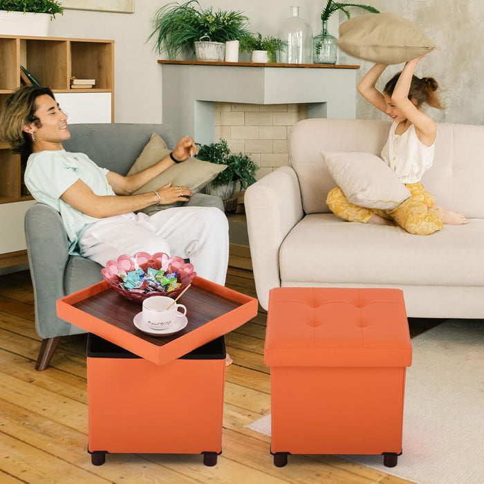 Storage Ottoman for Living Room Ottoman Square with Tray Bedroom Cube Foot Rest Stool with Legs Small Ottomans Coffee Table Lid Foldable Footstool Faxu Leather 15" in (Orange)