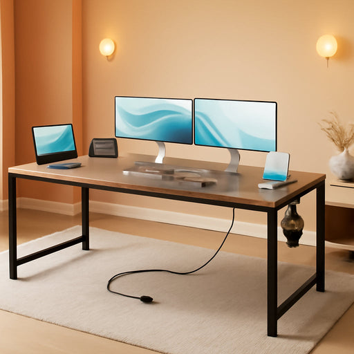 71 Inch Computer Desk with USB Ports, Large Office Desk, Long Study Student Writing Desk, Grey Oak