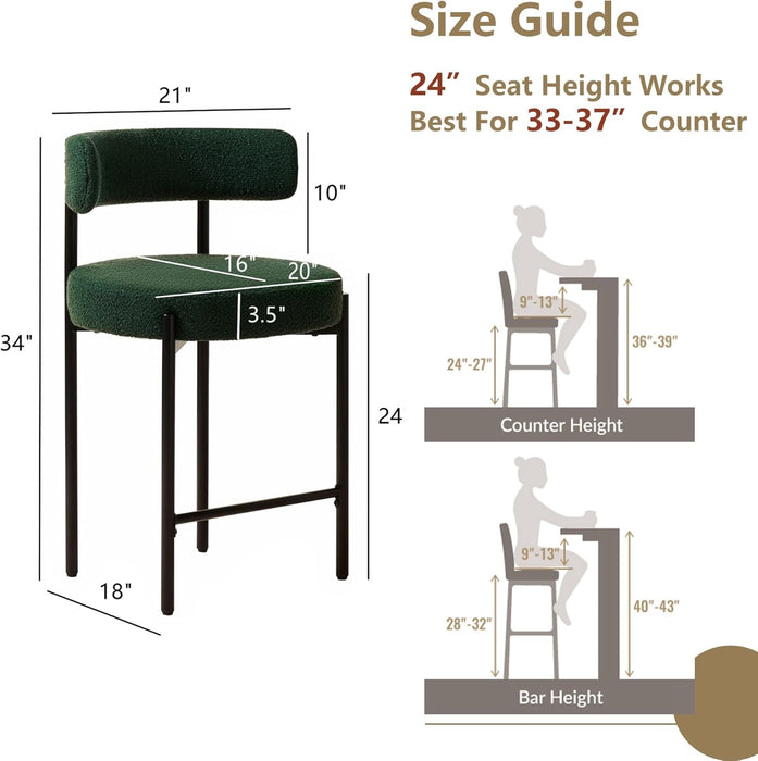 Counter Height Bar Stools, 24'' Green Bar Stools Set of 3, Boucle Barstools with Back, Mid-Century Modern Bar Chairs for Kitchen Island, Dining Room