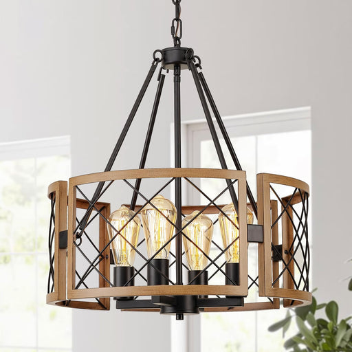 D19'' Farmhouse Chandelier for Dining Room, 4-Light Adjustable Kitchen Island Lighting, Vintage Hanging Pendant Light Fixtures for Entryway Foyer Bedroom Hallway, Black & Dark Oak