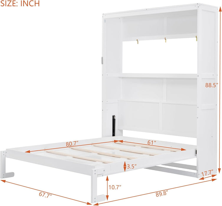 Queen Murphy Cabinet Bed Integrated Shelving White