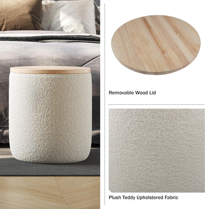 Storage Ottoman - Teddy Fabric Upholstered Ottoman with Wood Top for Living Room, Dorm, or Apartment - Ottomans with Storage (Cream)