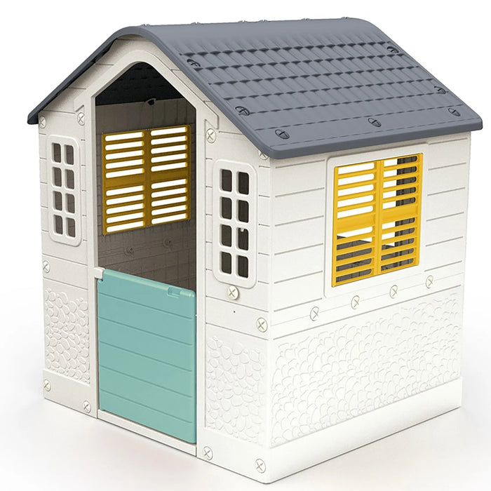 : Playhouse - White, Green, Yellow - Indoor & Outdoor Toy, Pretend Play, Sliding Shutters, Pet Gate, Waterproof Plastic, Toddler & Kids Ages 2+