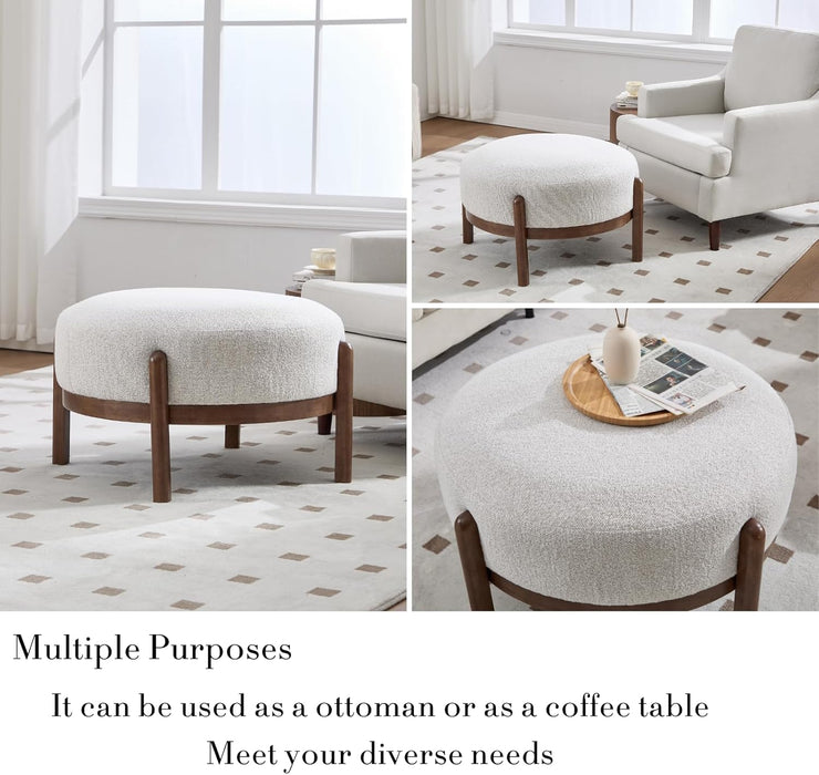 Modern Ottoman, Soft Sherpa Fabric Footrest Bench with Solid Wooden Legs Single Seat for Living Room Bedroom, Beige