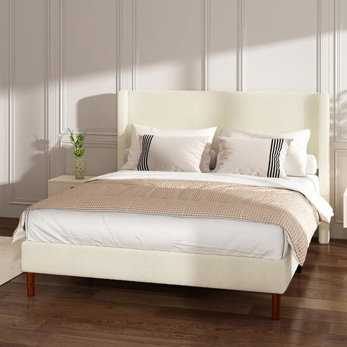 Queen Bed Frame, Boucle Upholstered Platform Bed with Iron & Wood, Beige
