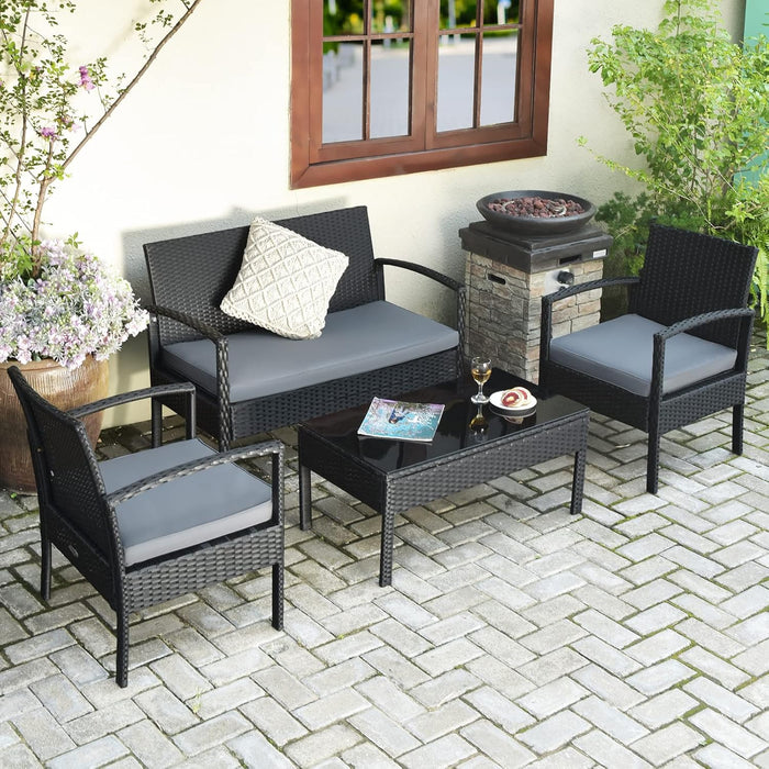 4PCS Patio Rattan Furniture Set, Outdoor Wicker Conversation Set with Tempered Glass Coffee Table, Seat Cushions, Ideal for Poolside Balcony Porch Backyard