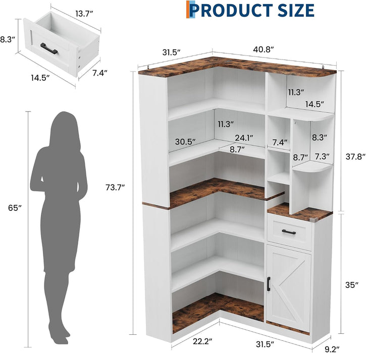 74'' Tall Corner Bookshelf - 6-Tier Book Shelf with Drawer and Cabinets, L-Shaped Bookcase Open Storage Shelves Modern Display Shelf for Home, Office