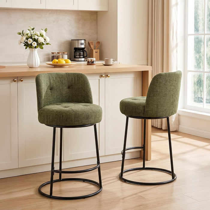 360° Swivel Bar Stools Set of 2, 26" H Modern Linen Counter Height Barstools, Upholstered Counter Stools with Ergonomic Wide Back & Metal Base for Kitchen Island, Dining Room, Green