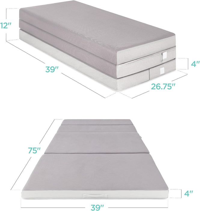 4In Portable Twin-Size Mattress, Tri-Fold Mattress for Camping, Guest, Toddler, Foam Plush W/Carry Case - Grey