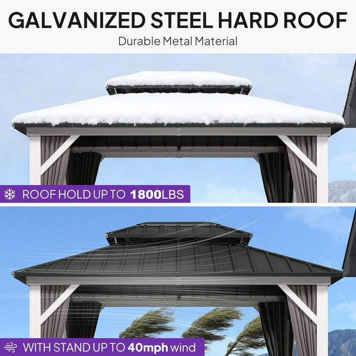 8' X 10' Hardtop Gazebo Metal Double Roof White Aluminum Frame Outdoor Heavy Duty Gazebo with Curtain and Netting for Patio Garden and Backyard, Grey