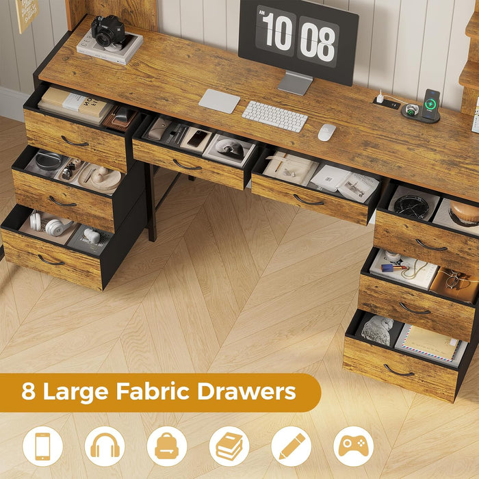 Full Size Loft Bed with Desk and 8 Storage Drawers, Metal Loft Beds Full with LED Lights & Charging Sation, Heavy Duty Loft Bed Frame with 6 Storage Shelves, Space-Saving, Rustic Brown