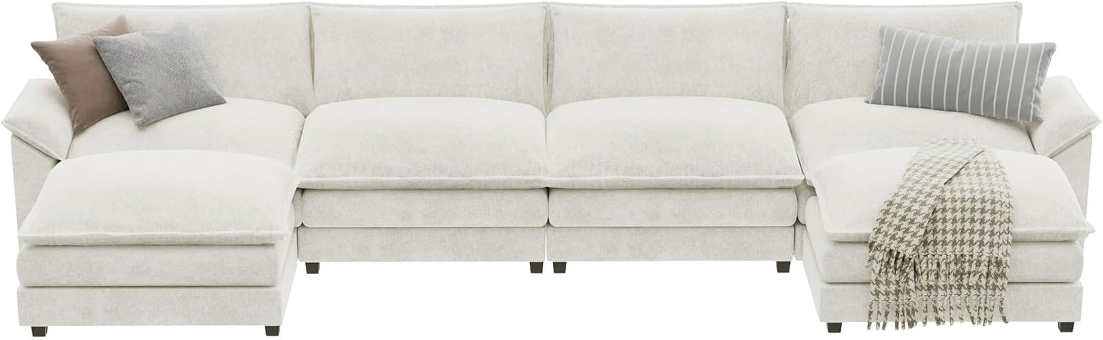Sectional Modular Sofa U Shaped Chenille Fabric Couch with High Supportive & Soft Sponges and Removable Ottoman, Sleeper Comfy Upholstered Furniture for Living Room, White