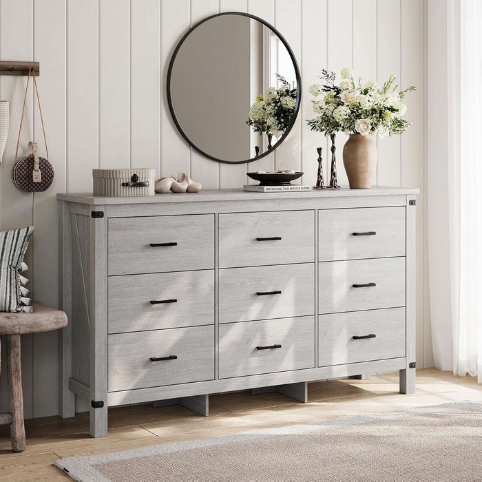 Dresser for Bedroom with 9 Drawers, 59” Wide Chest with Deep Drawer, Modern Farmhouse Dresser TV Stand with Metal Handles, Wood Storage Cabinet for Closet, Living Room, Hallway, Wash Grey