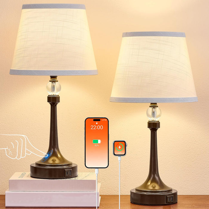 Touch Brown Table Lamp Set of 2 with USB C+A Ports-19.7''