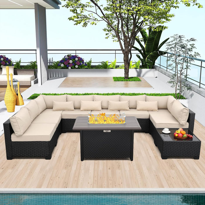 10 Pieces Outdoor Sectional All-Weather Wicker Patio Furniture Set Patio Sectional and Steel Fire Table and Glass Patio Table Non-Slip Cushions and Waterproof Covers, Khaki