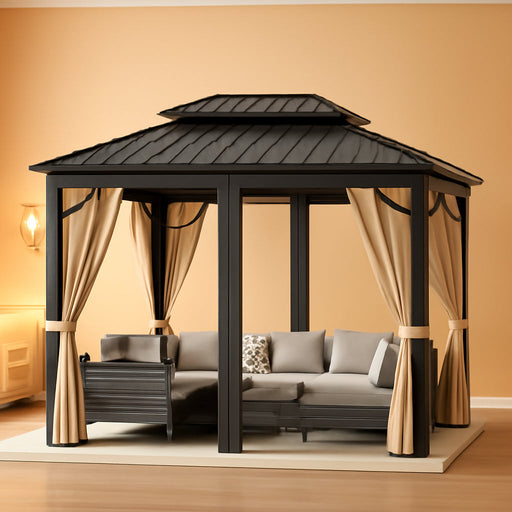 Hardtop Gazebo 10 Ft X14 Ft for All Weather, with Double Metal Roof, Aluminum Alloy Frame, Net, and Curtain, Permanent Building for Patio, Deck, Backyard, Lawn, and Garden