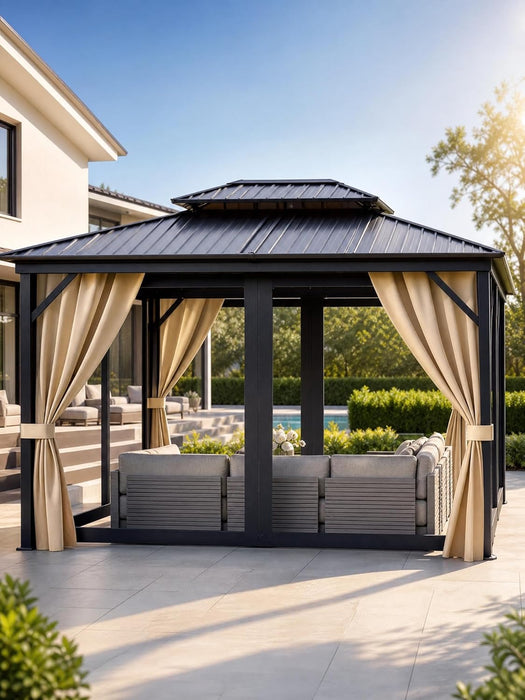 Hardtop Gazebo 10 Ft X14 Ft for All Weather, with Double Metal Roof, Aluminum Alloy Frame, Net, and Curtain, Permanent Building for Patio, Deck, Backyard, Lawn, and Garden