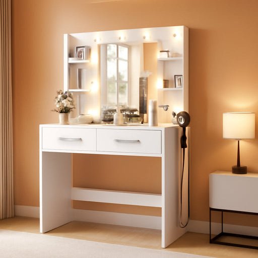 White Makeup Vanity Desk Featuring Illuminated Mirror